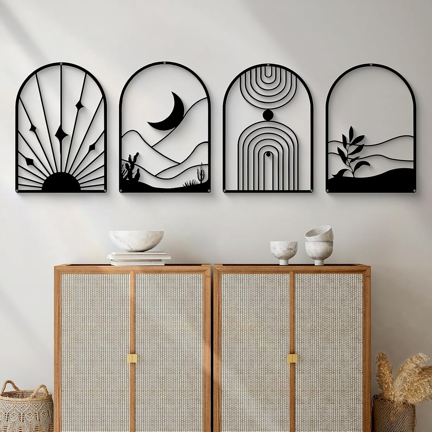 Glamativity 4 Pack Black Abstract Metal Wall Art for Minimalist Decor