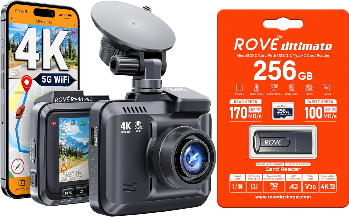 ROVE R2-4K PRO Dash Cam | 256GB Card, Crystal Clear Footage!