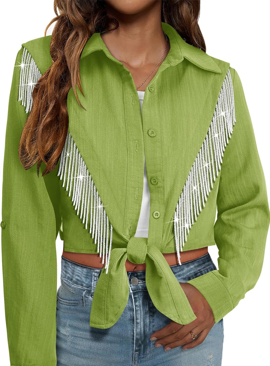 MYMORE Womens Sparkly Fringe Cropped Button Down Shirt for Cowgirls