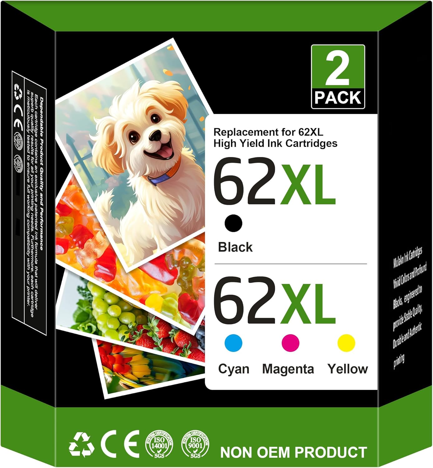 62XL Ink Cartridges Black and Color for HP Printers - 2-Pack