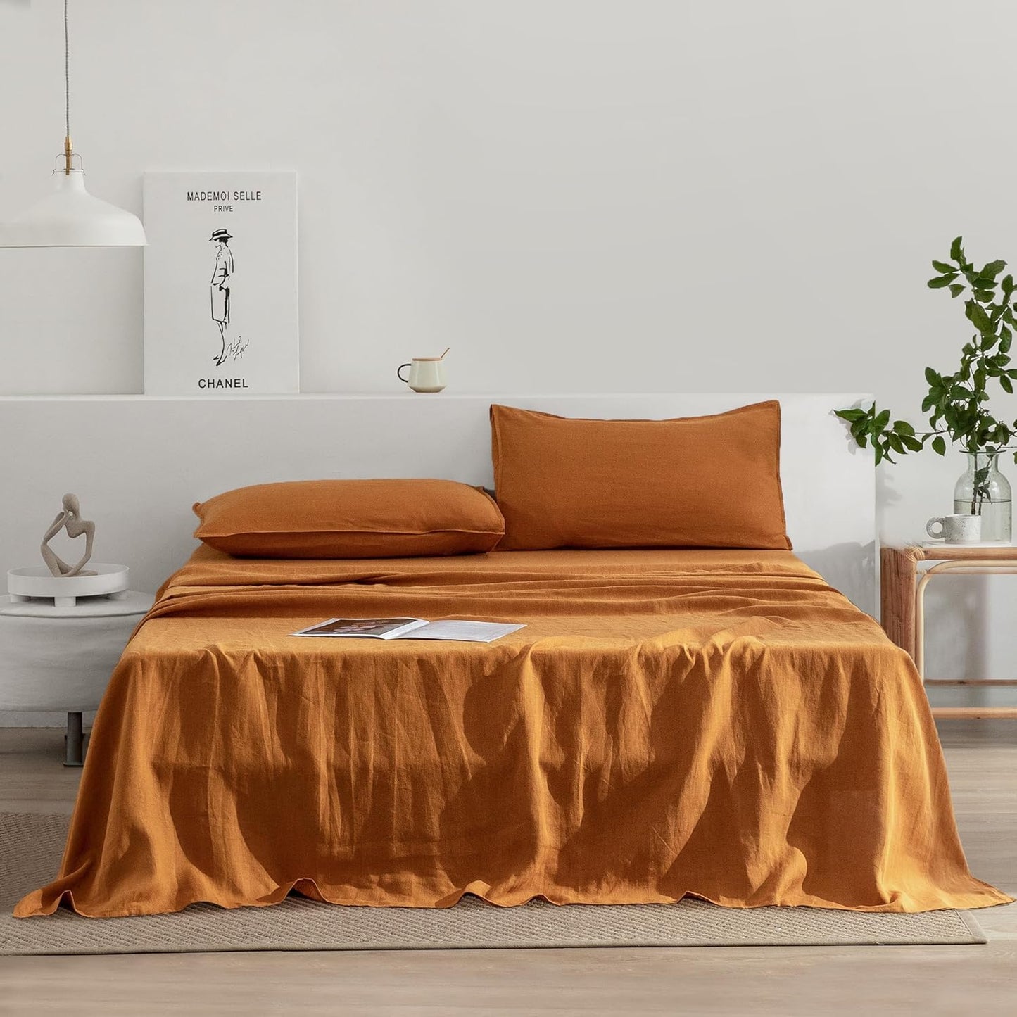 EVERLY Linen Sheets Set King Size for Hot Sleepers in Caramel