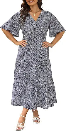 Keluummi Plus Size Women Summer Casual Boho Floral Midi Dress