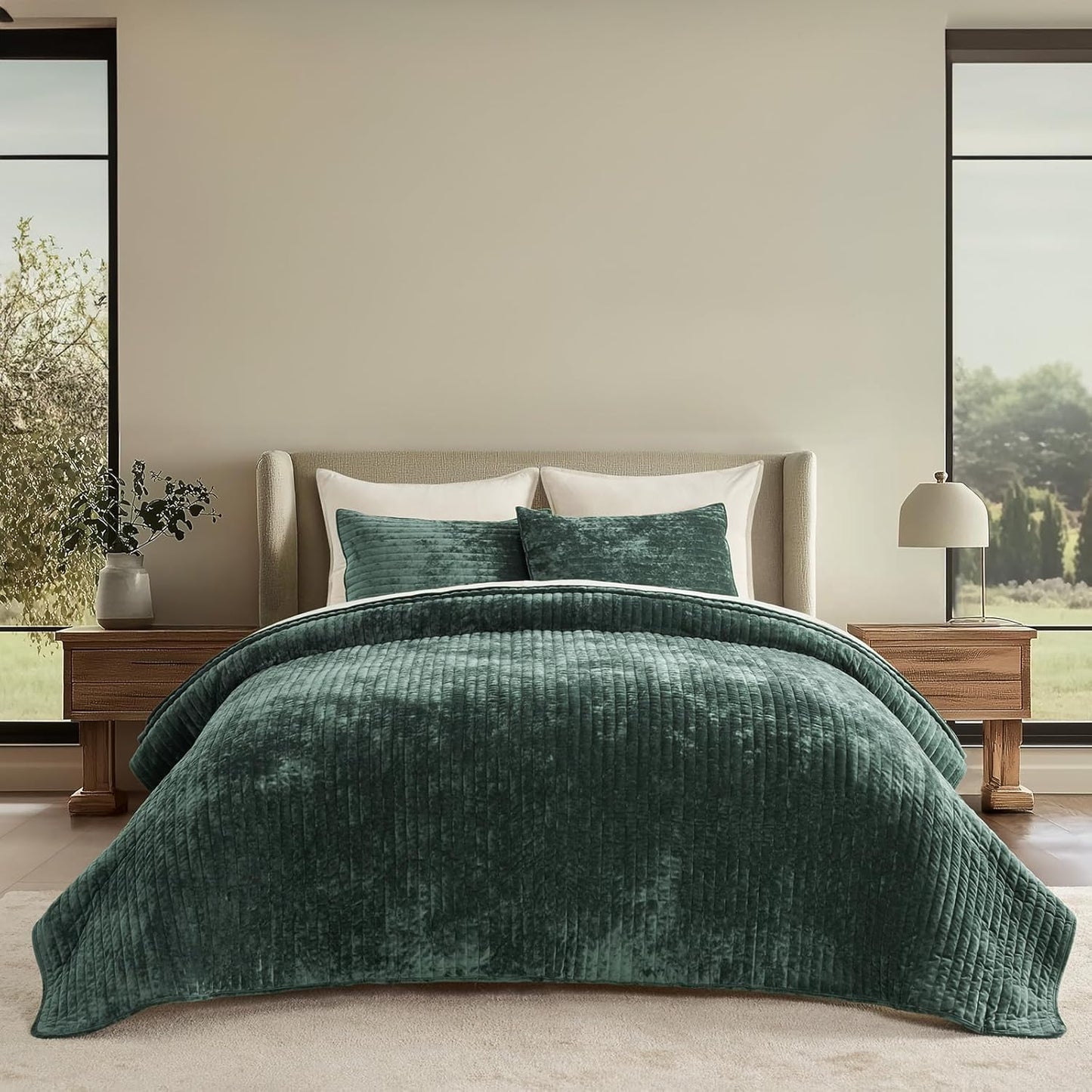 Luxurious Velvet Quilt Set for Queen Size Beds in Pine Green
