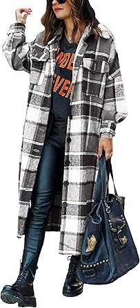 Springrain Womens Long Plaid Flannel Shacket for All Seasons