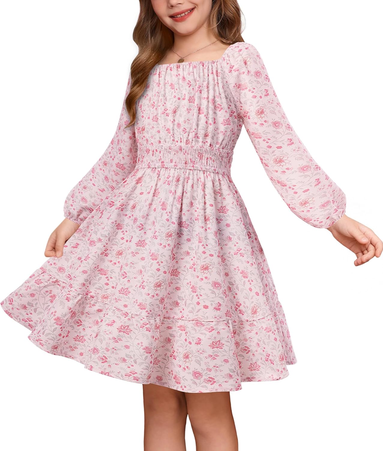 Floral Long Sleeve Midi Dress for Girls by GRACE KARIN 6-14Y