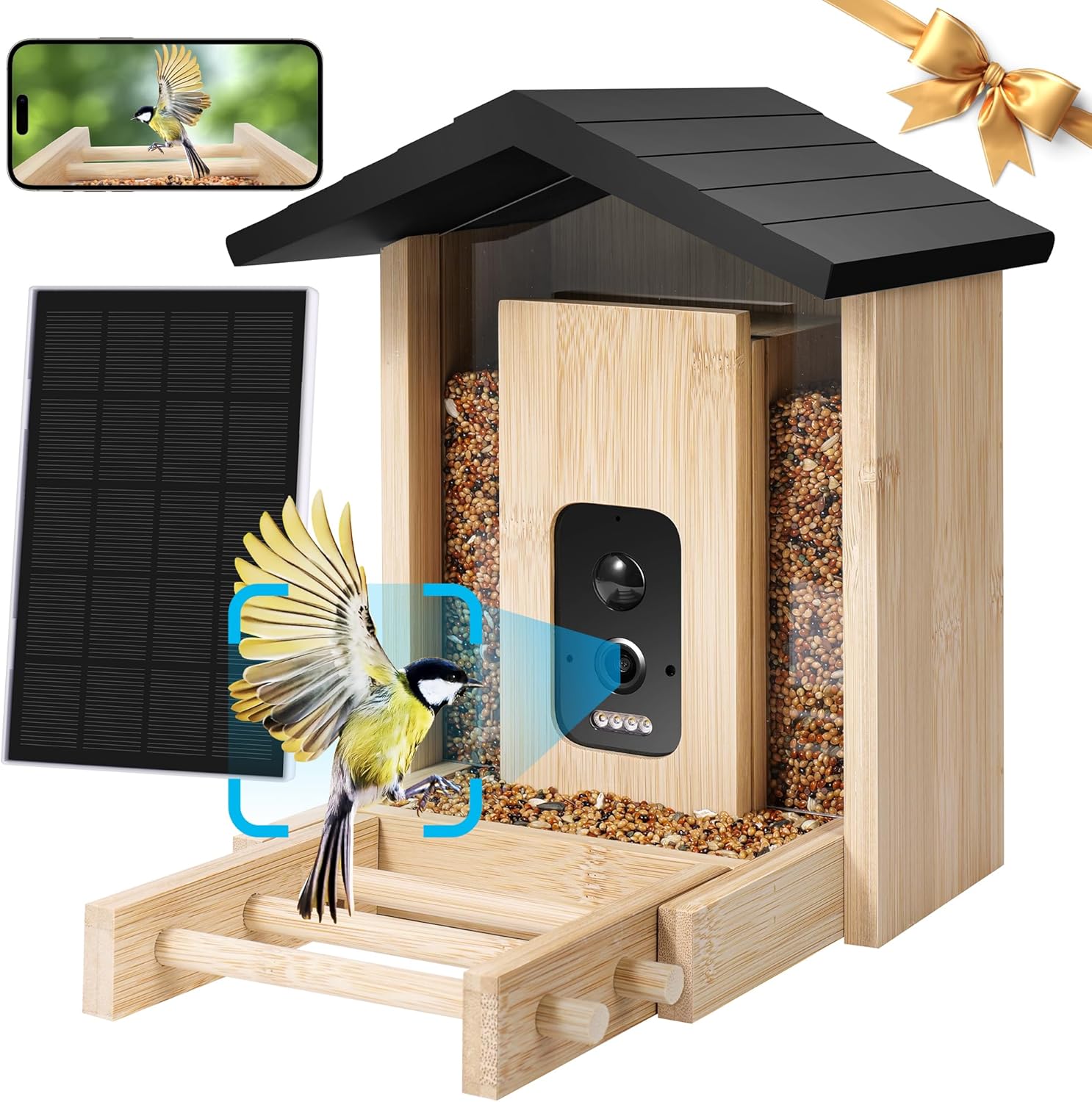 Smart Bamboo Bird Feeder | 2.5K HD Camera | AI Identify | Solar & Battery | Auto Capture | Ideal Gift