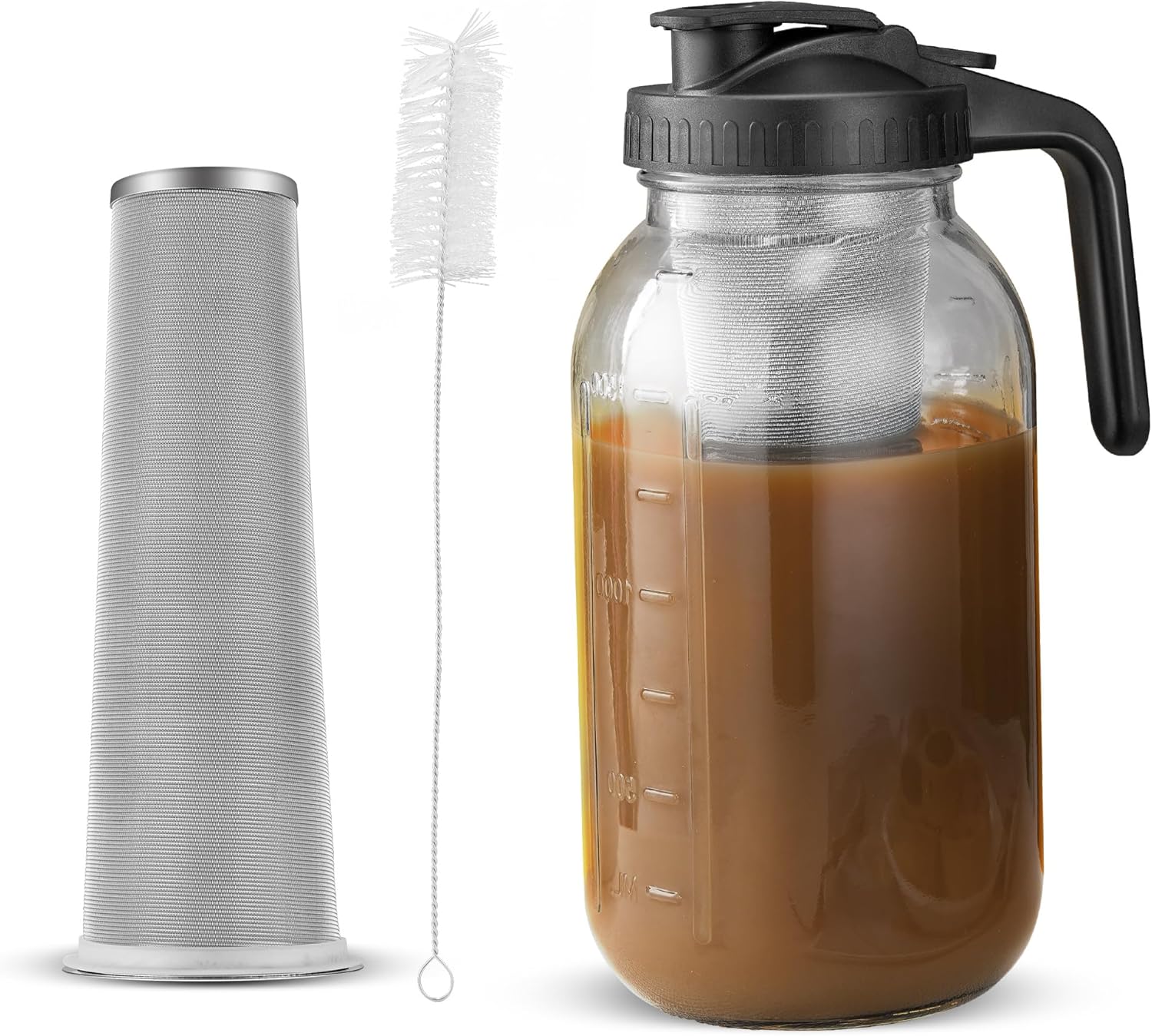 64 oz Cold Brew Coffee Pitcher - Stainless Steel Filter - Wide Mouth Glass Jar