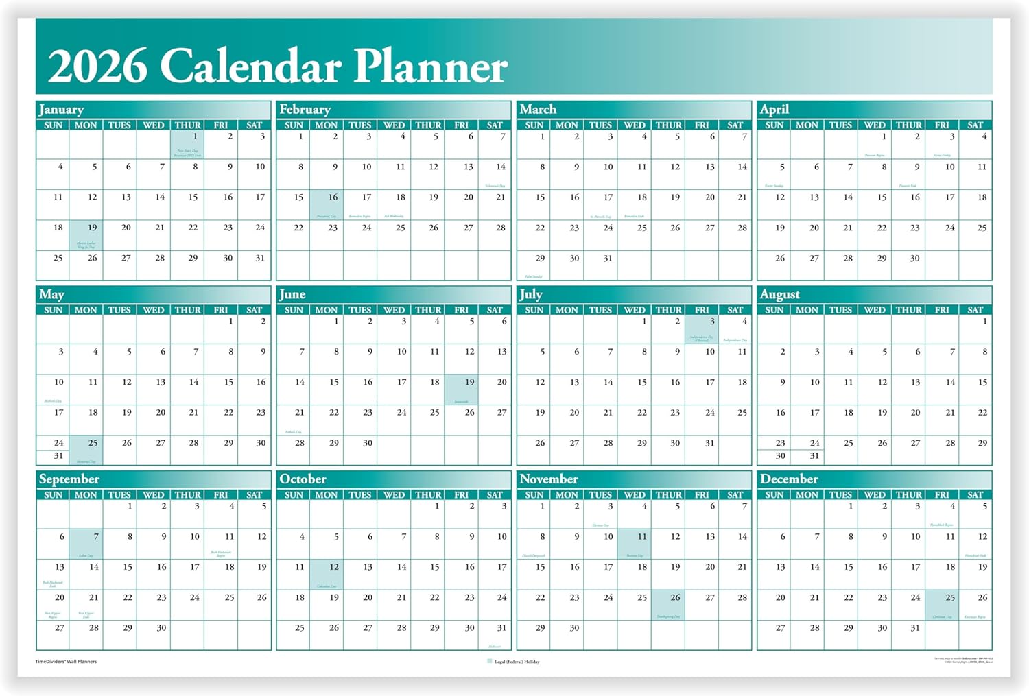 2026 Full Calendar Planner - 36 in x 24 in Green for Planning