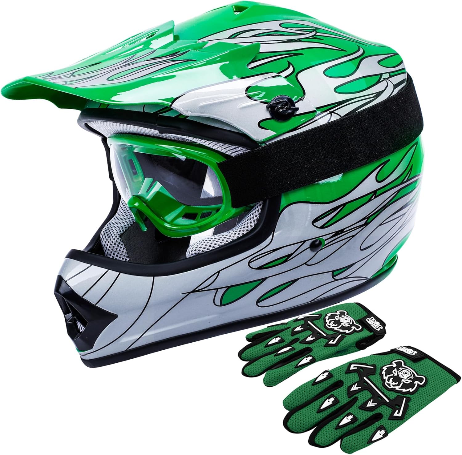 TCT-MOTORPARTS Green Flame DOT Kids Youth Motocross Helmet