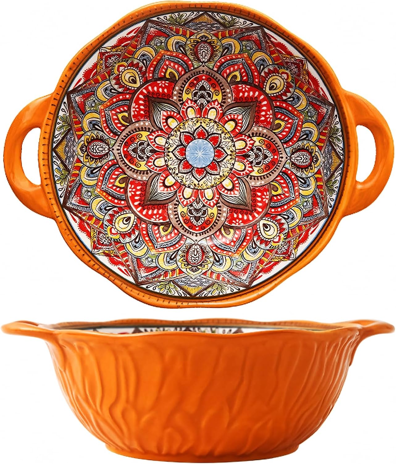 2 Pack Boho Ceramic Serving Bowls with Handles for Entertaining