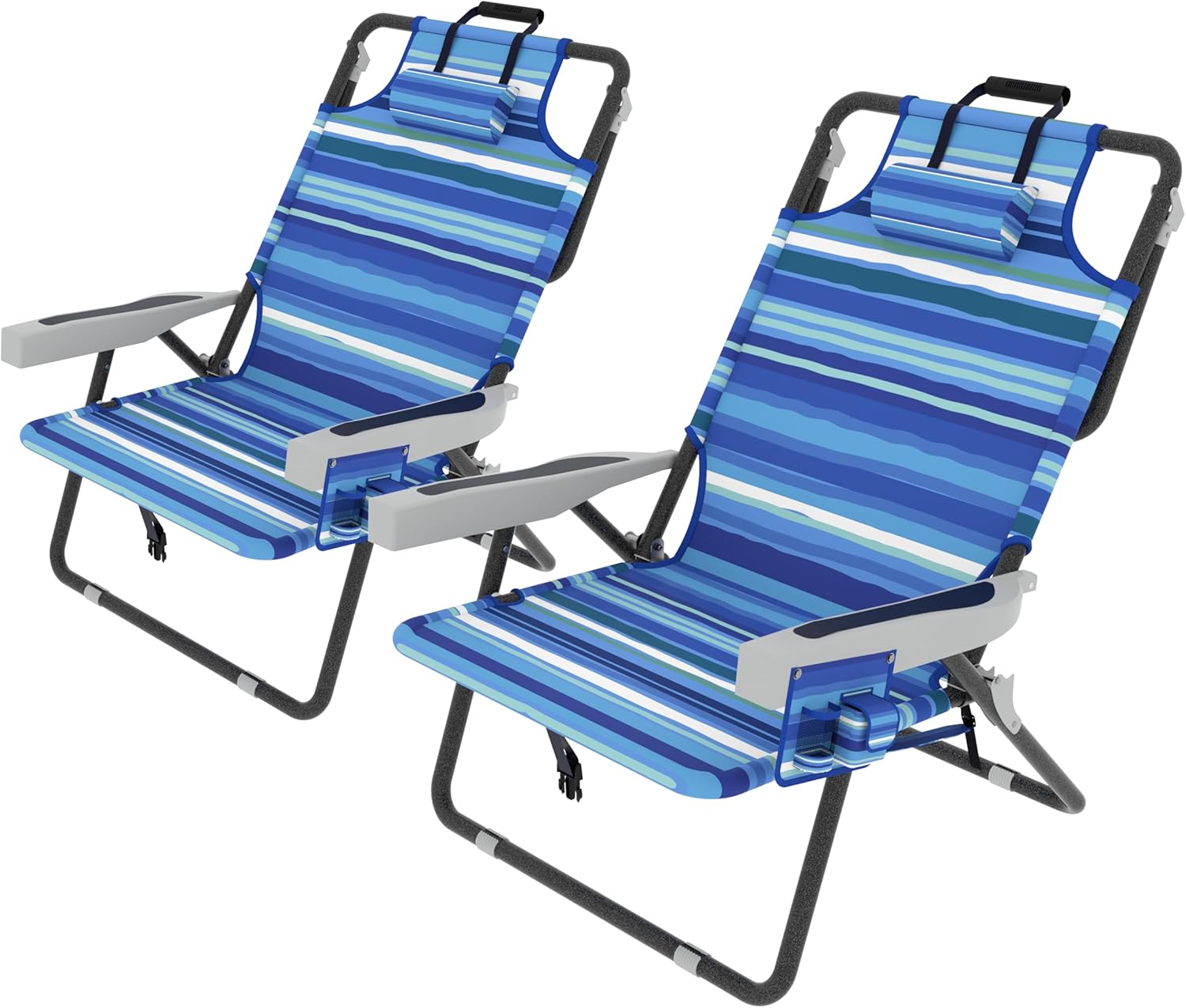 Portable Tanning Lounge Chairs: Detachable Pillow, 5 Position Back, Striped Blue