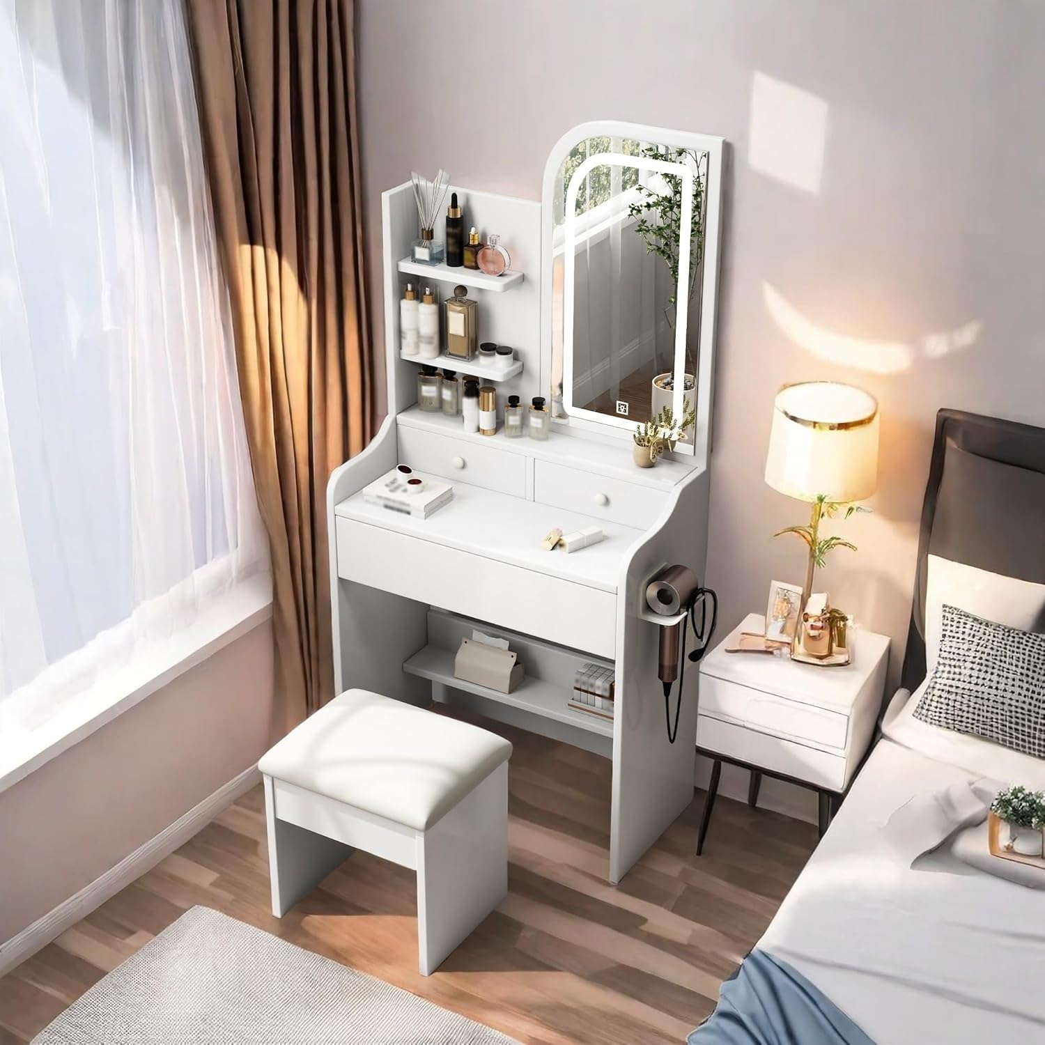 Stylish White Vanity Desk with Adjustable Lighting - Runboll