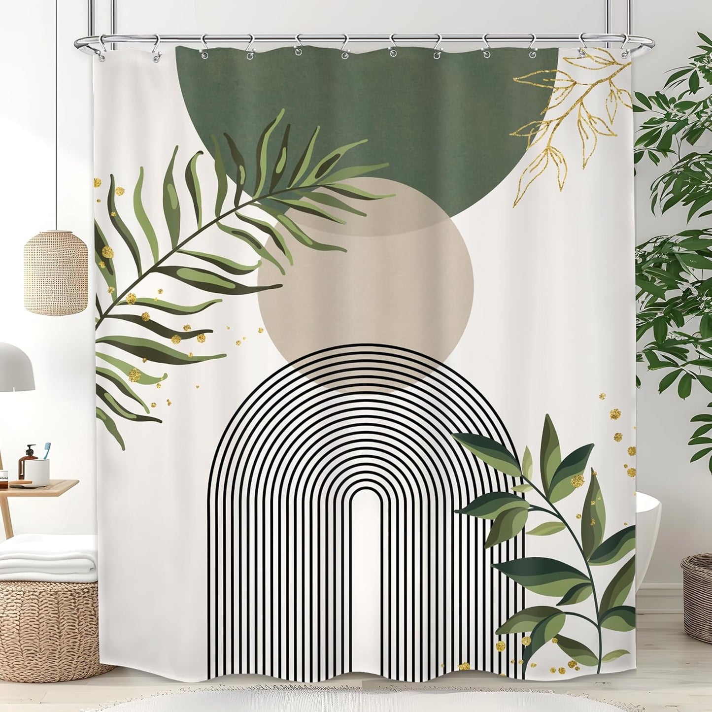 Boho Sage Green Shower Curtain - Modern Gold Leaves