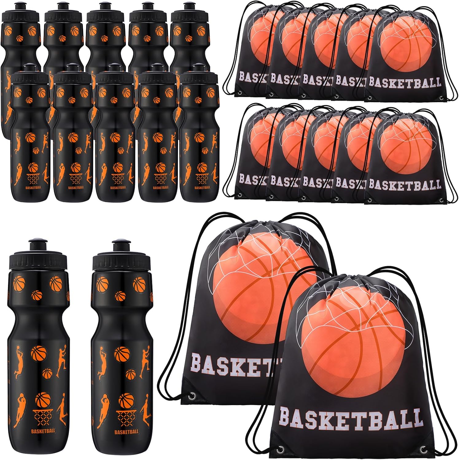 Basketball Party Favors 24 oz Water Bottle & Drawstring Bag Set