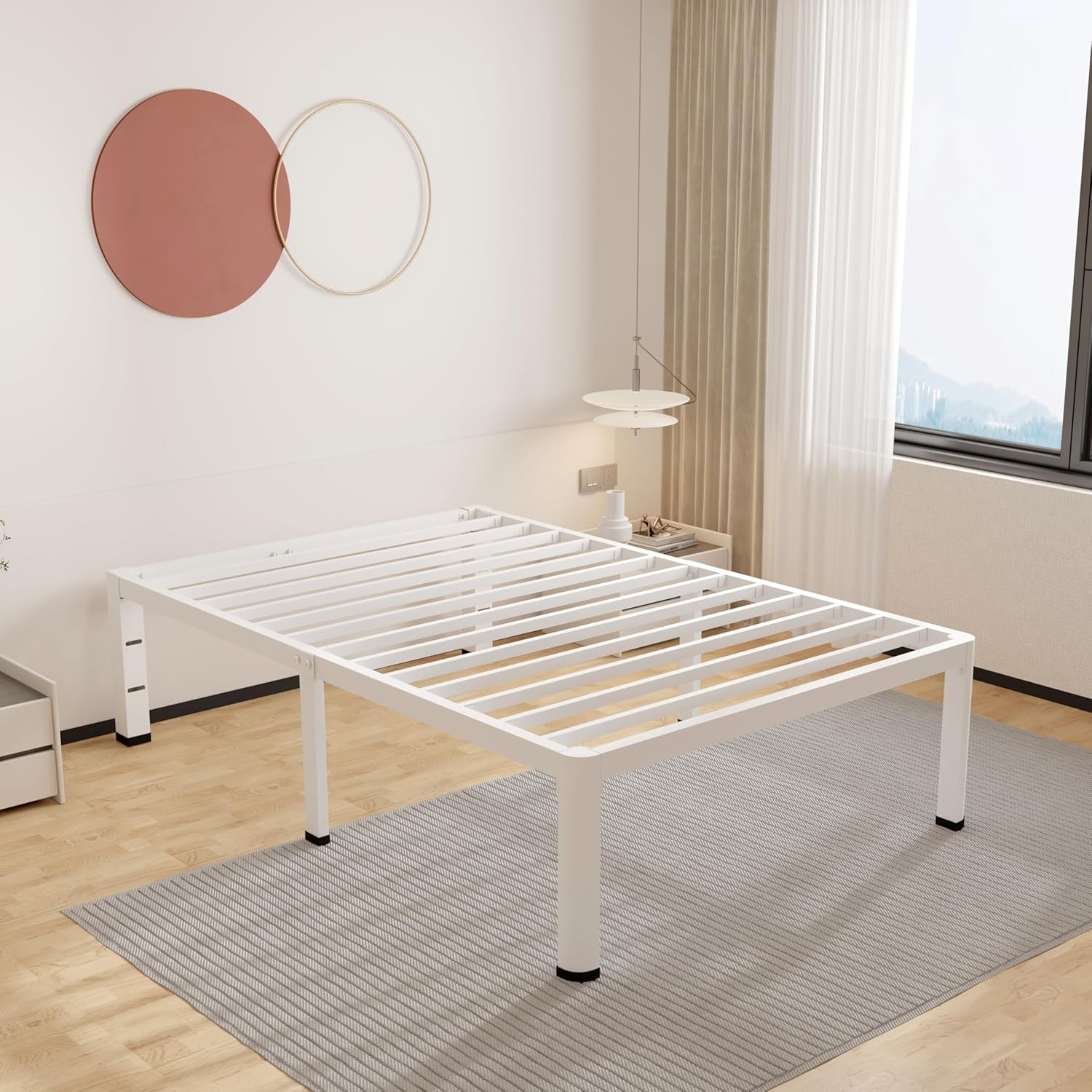 ROIL 14 Inch White Twin Size Bed Frame with Rounded Corner Design