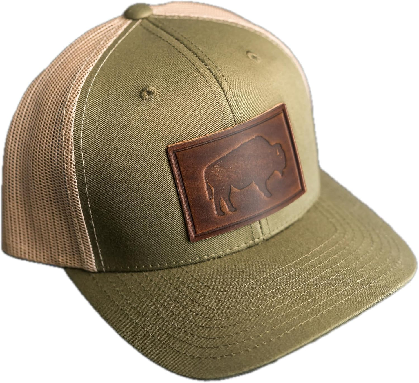 Bison Stamp Leather Patch Trucker Hat - Adjustable Snapback