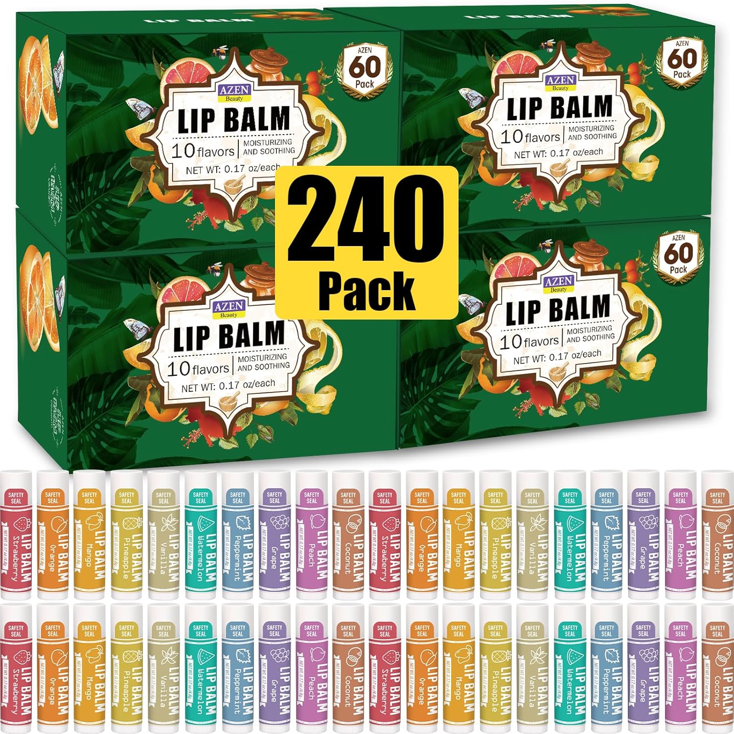 AZEN 240 Pack Lip Balm - Natural Flavored Lip Care Gifts