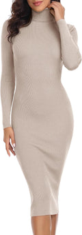 Rocorose Women's Turtleneck Ribbed Midi Sweater Dress - Flattering Fit