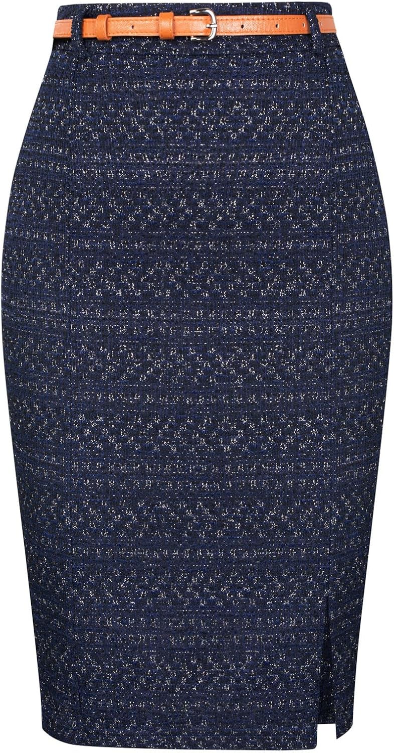 Tweed Pencil Skirt for Women with Slit and Belt - Elegant Style