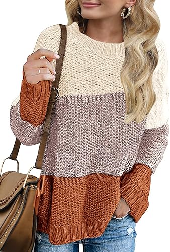 MEROKEETY Women's Crew Neck Long Sleeve Color Block Sweater