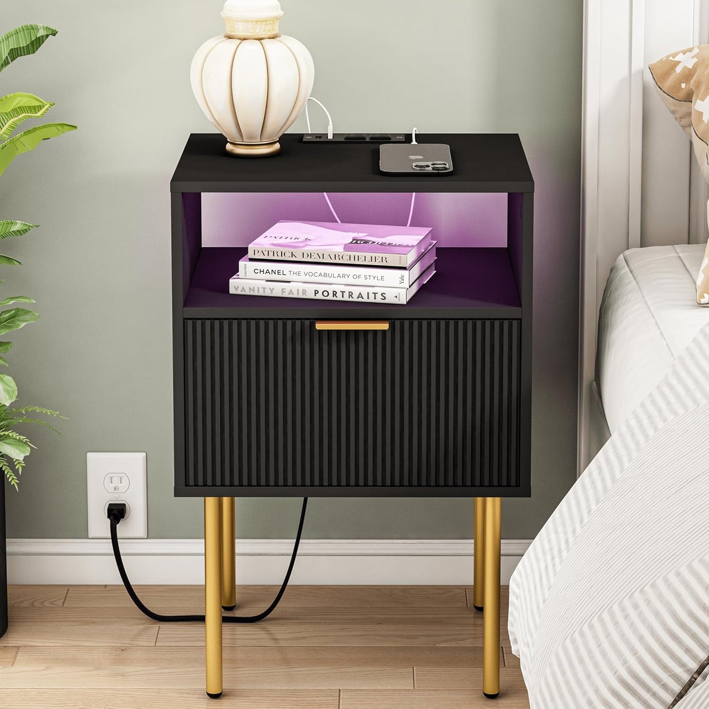Modern Nightstand with Charging Station and LED Lights for Home