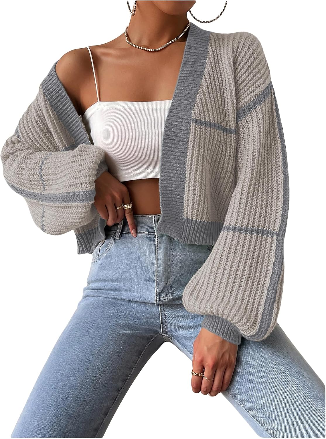 COZYEASE Women's Color Block Crop Cardigan for Stylish Comfort