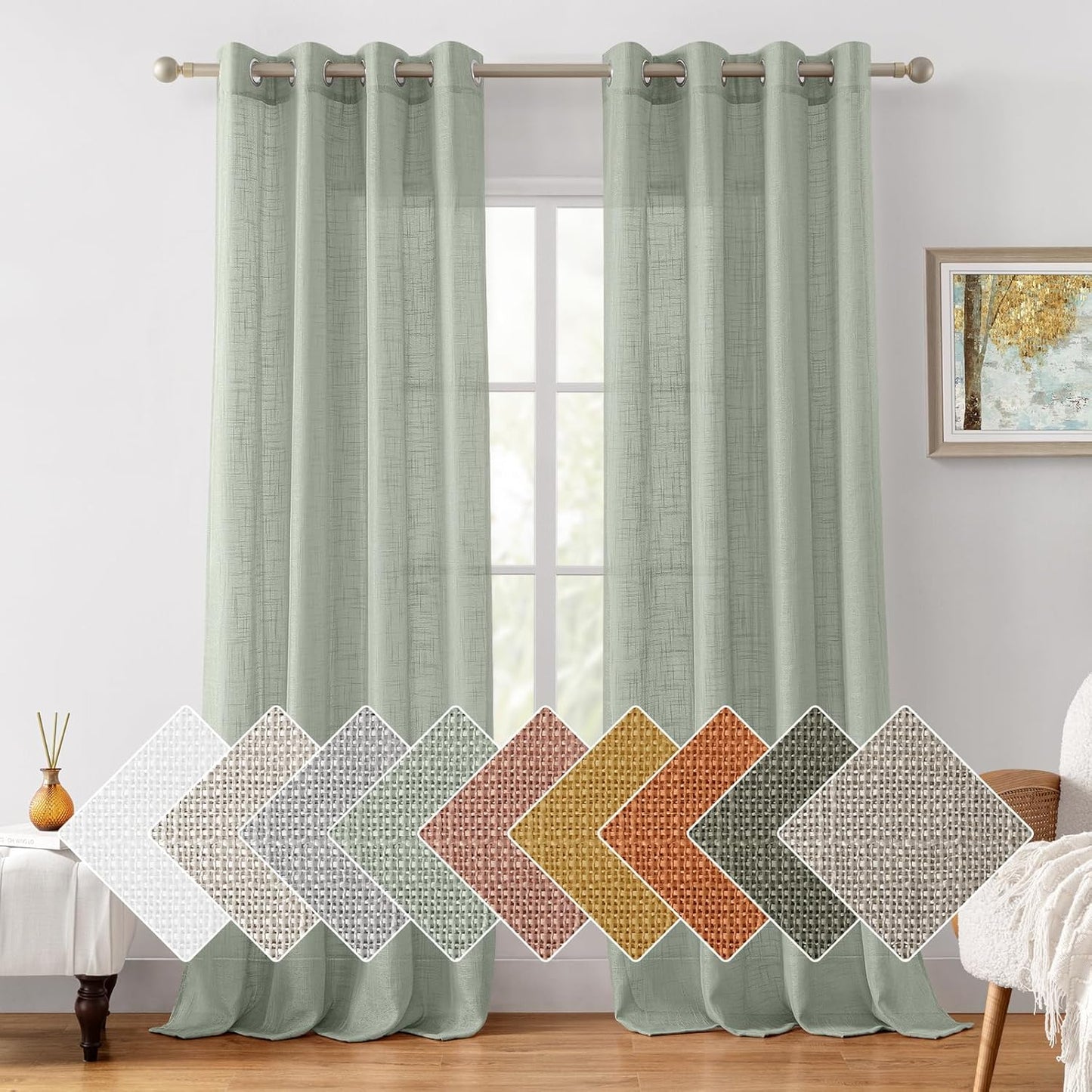 Sage Green Linen Sheer Curtains for Farmhouse Style Windows