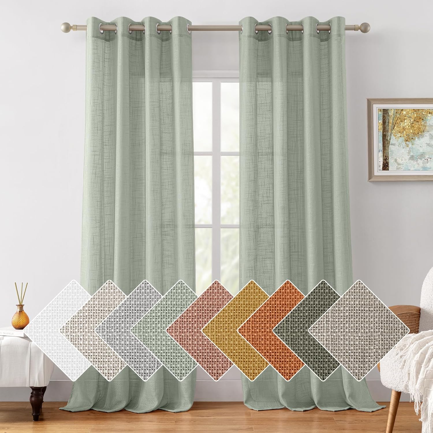 Sage Green Linen Sheer Curtains for Farmhouse Style Windows