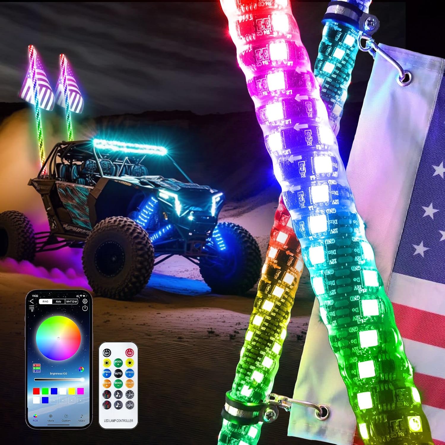 3FT LED Whip Lights for UTV with RGB Chasing Light Features