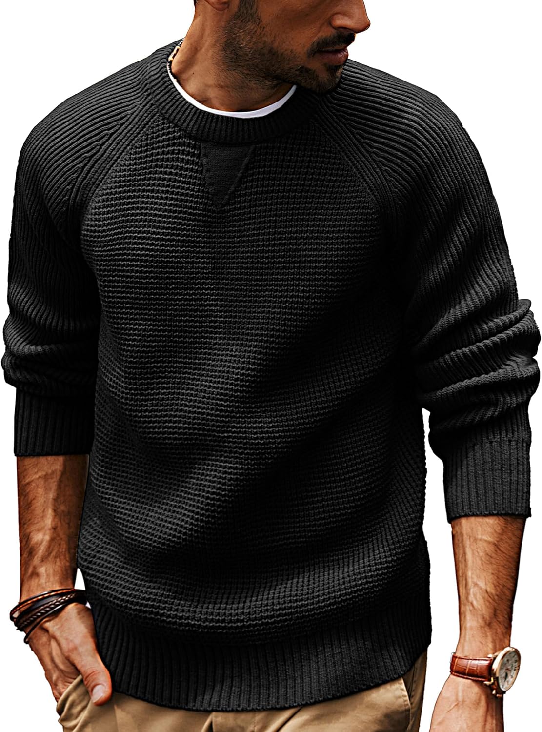Stylish Waffle Knit Crewneck Sweater for Men by PJ PAUL JONES
