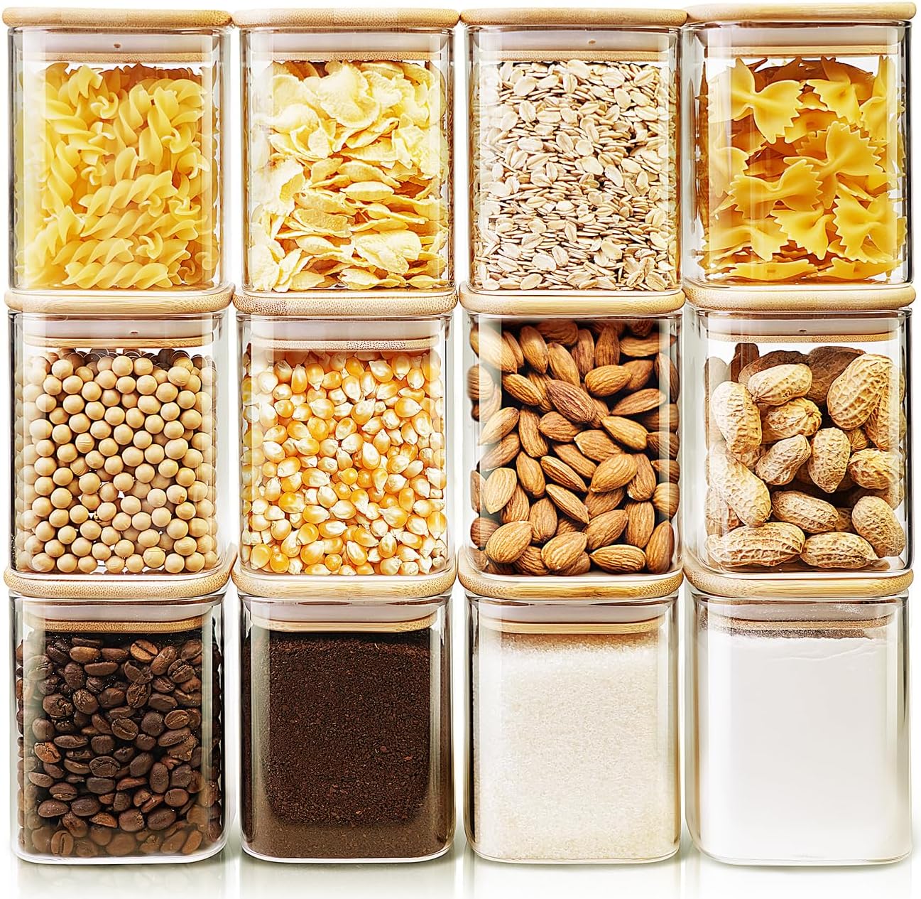 Square Glass Jars with Bamboo Lids for Food Storage Set of 12