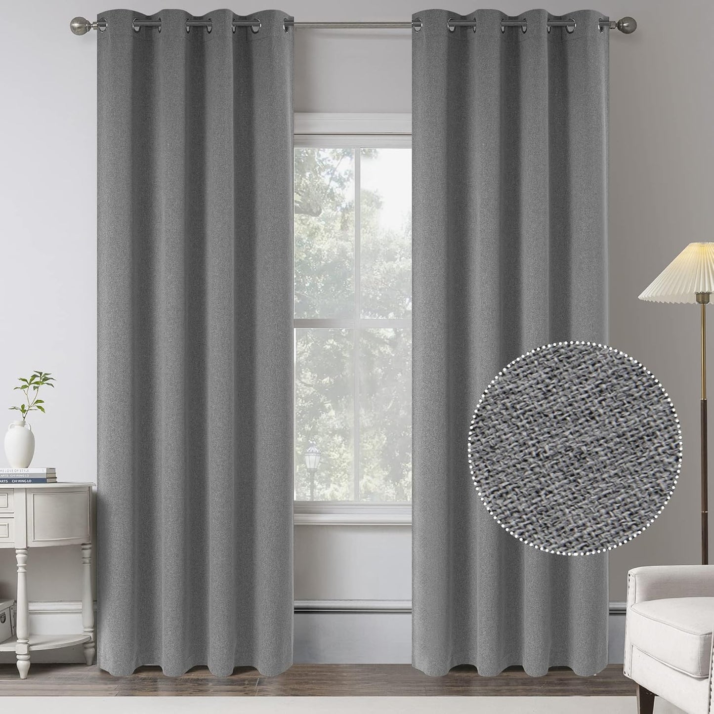 Dove Grey Linen 100% Blackout Curtains for Bedroom and Living Room