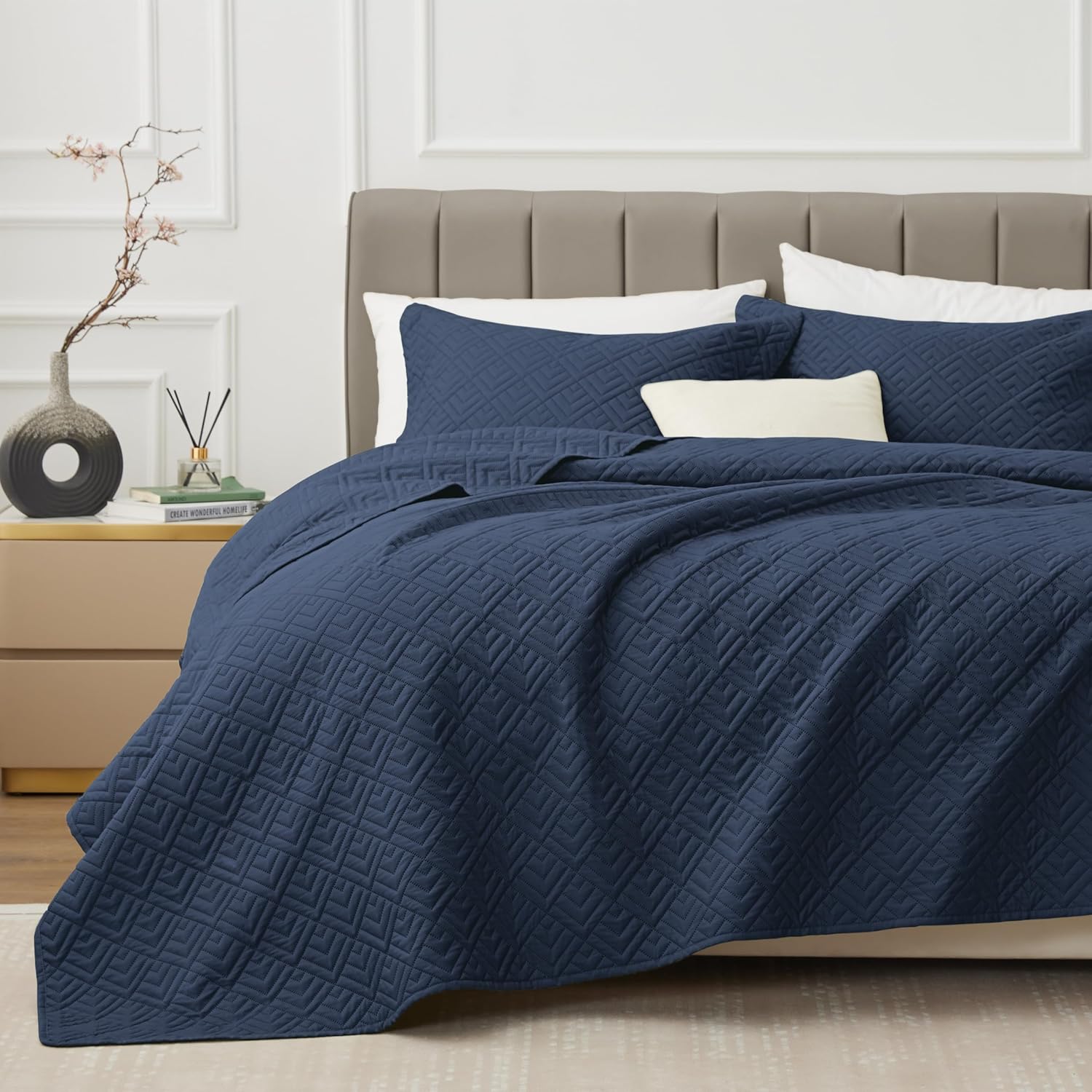 EXQ Home Quilt Set Full Queen Size Navy 3 Piece Lightweight