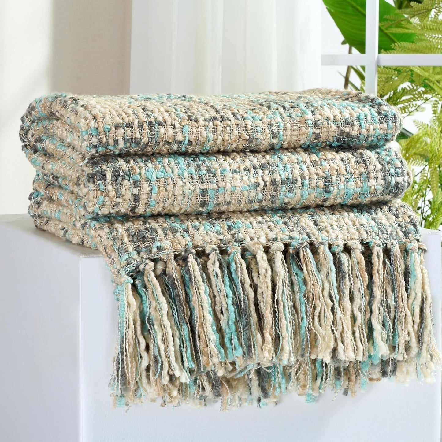 Multi-Color Blue Grey Cable Knitted Throw Blanket for Cozy Decor