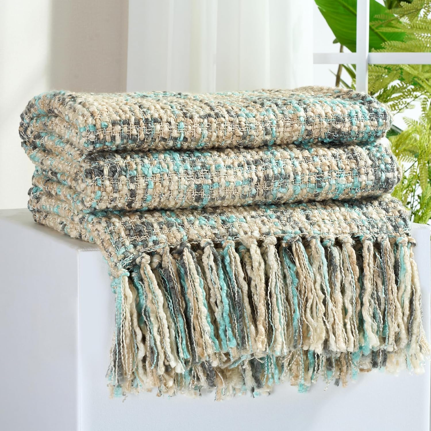 Multi-Color Blue Grey Cable Knitted Throw Blanket for Cozy Decor