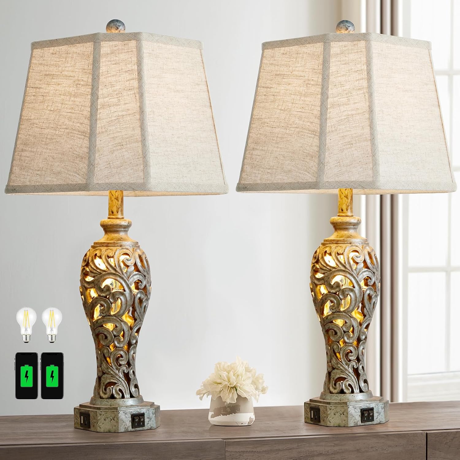 Vintage Table Lamps Set of 2 with USB Ports for Any Room