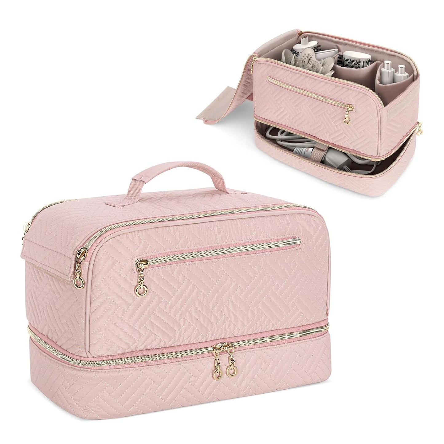 Pink Quilted Double-Layer Travel Case for Styling Tools