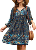 Qearal Womens V Neck 3/4 Sleeve Boho Floral Mini Dress - Rayon Mini