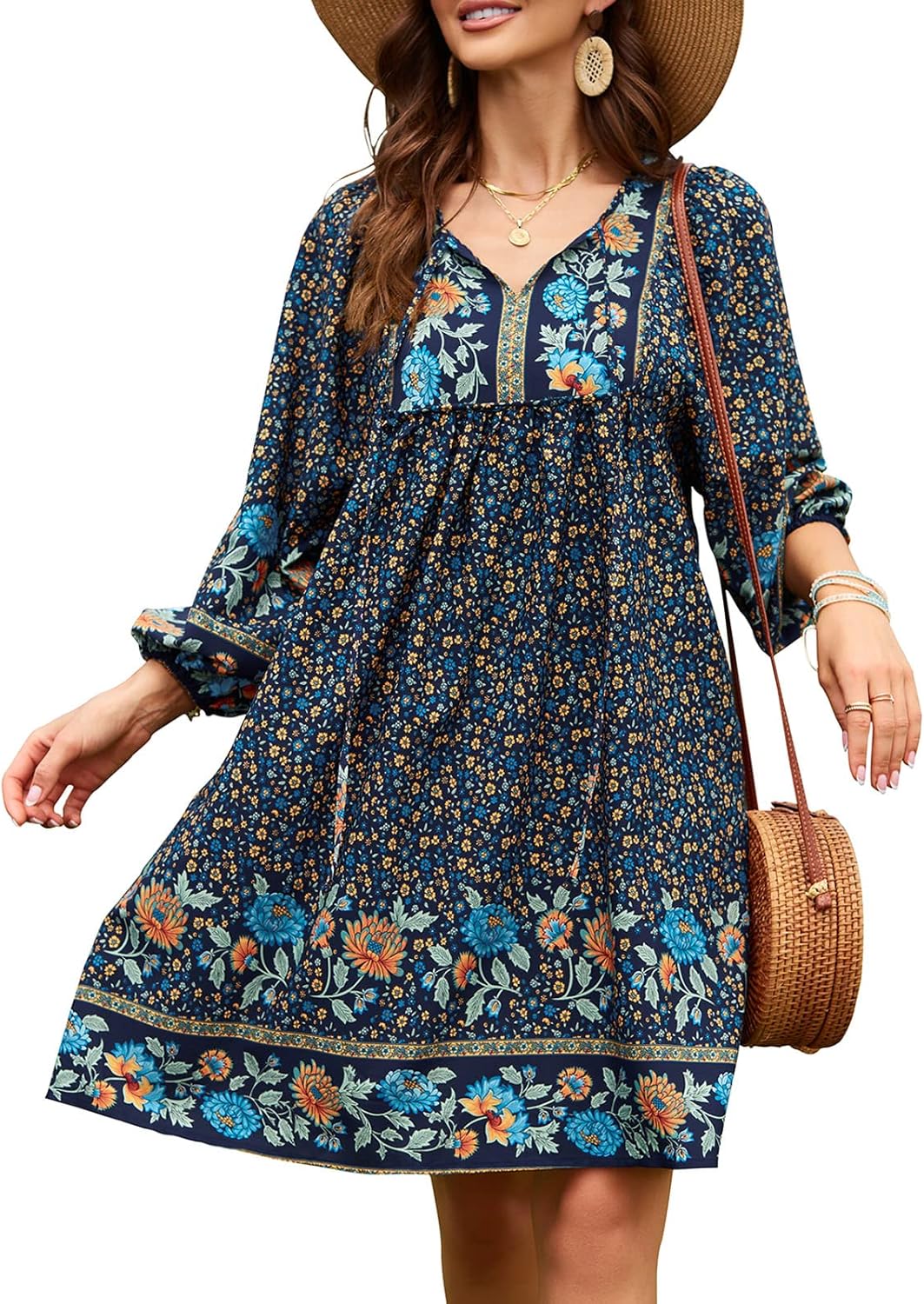 Qearal Womens Casual V Neck Boho Floral Mini Summer Dress
