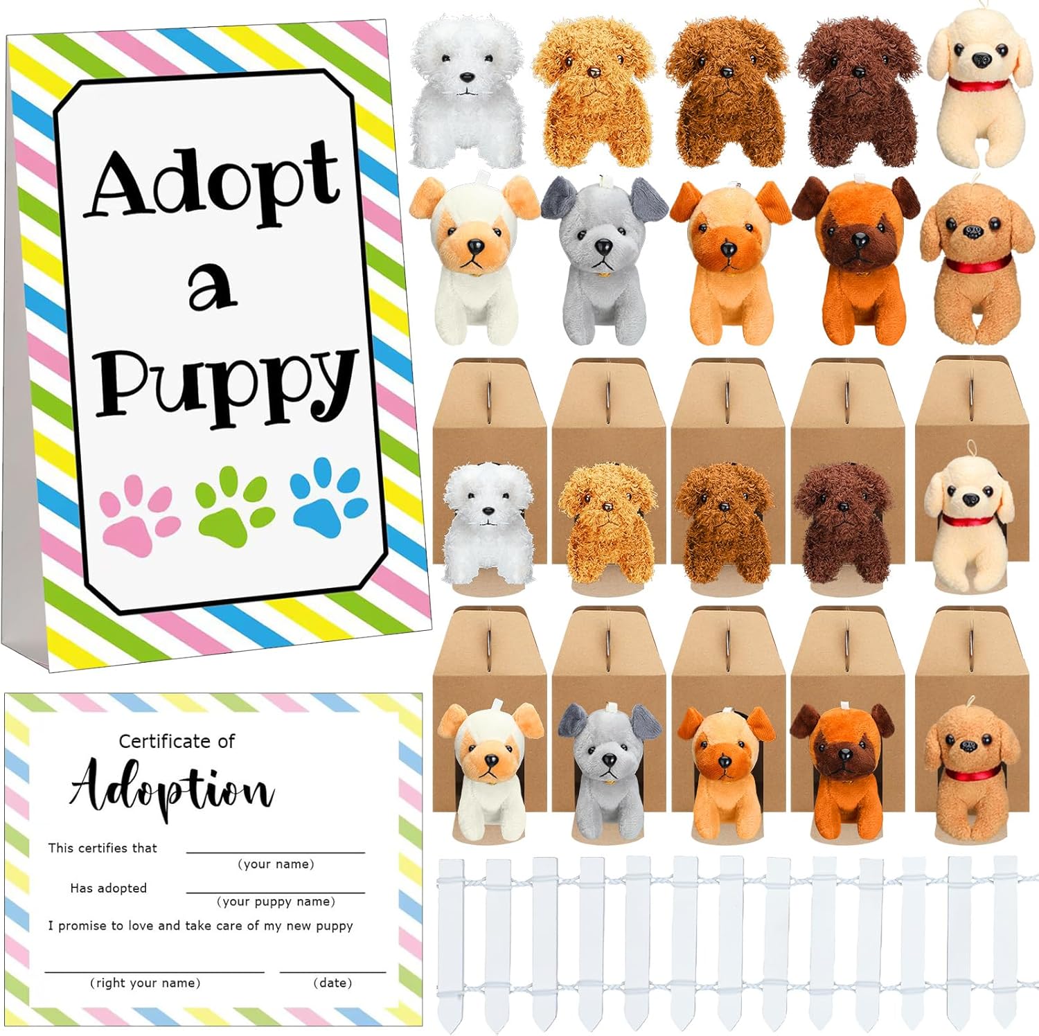 20 Set Adopt A Puppy Favors with Plush Dogs and Adoption Cards