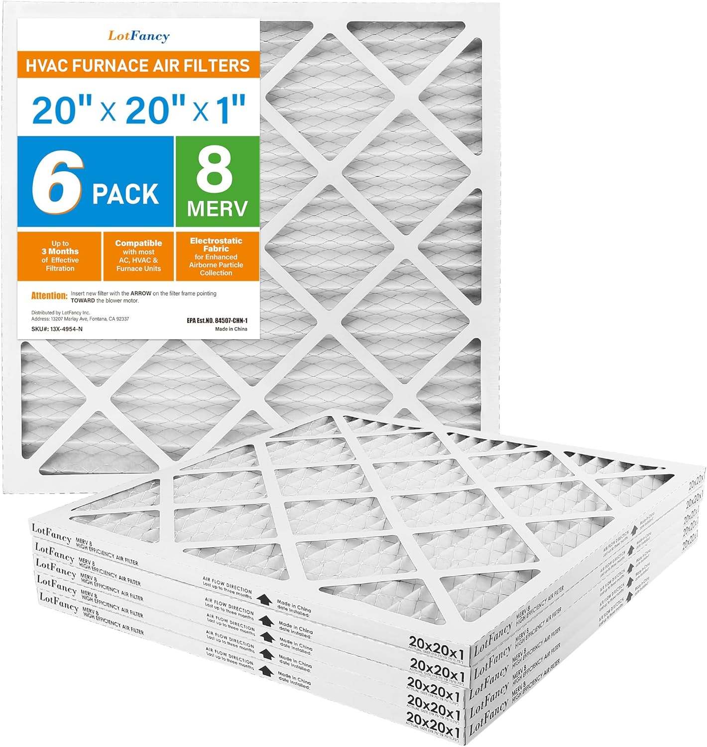 LotFancy 20x20x1 Air Filter 6 Pack MERV 8 for HVAC Systems