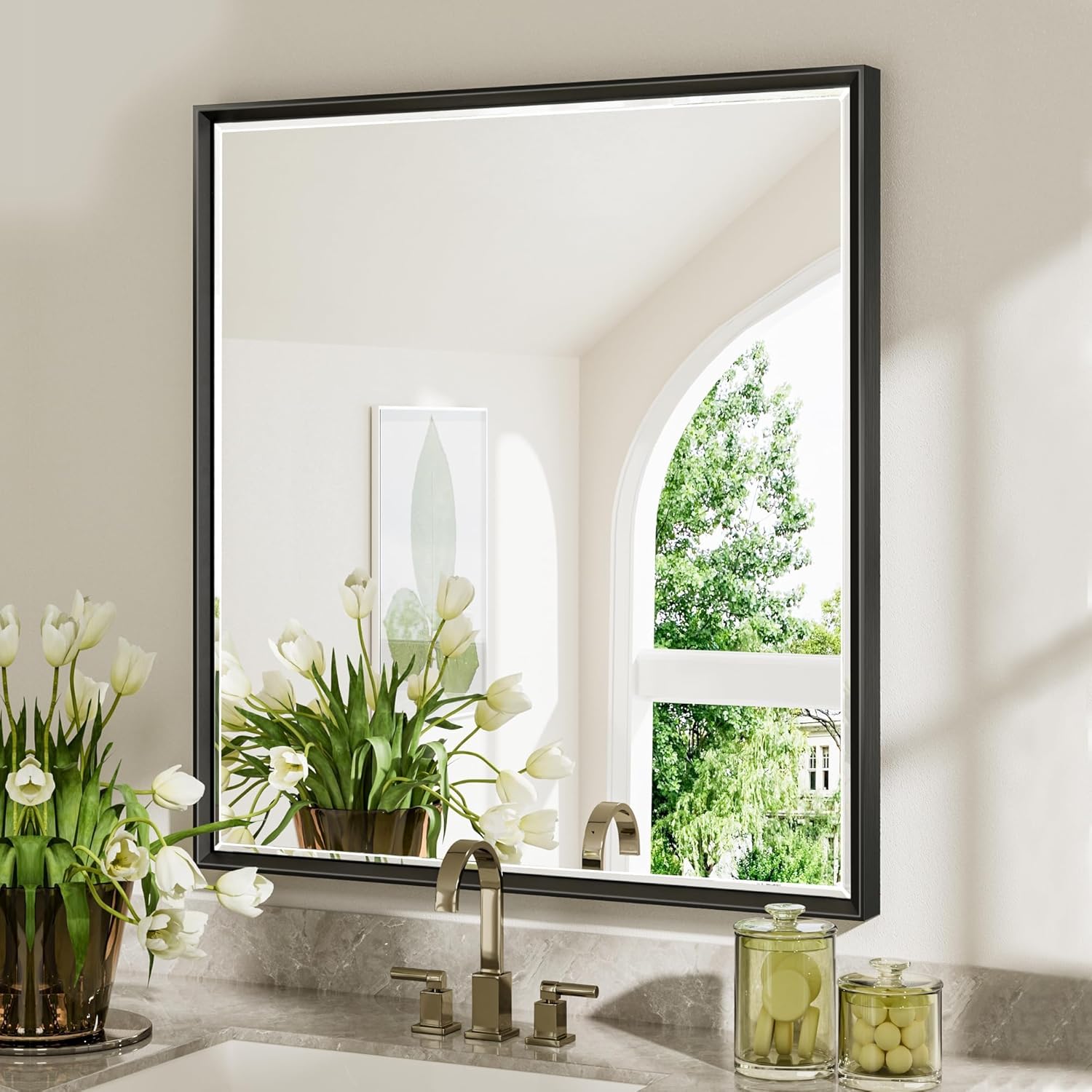 Black Framed Bathroom Mirror with Beveled Design, 30x36 Inch