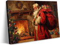 Retro Christmas Canvas Wall Art Vintage Santa by Fireplace - Framed