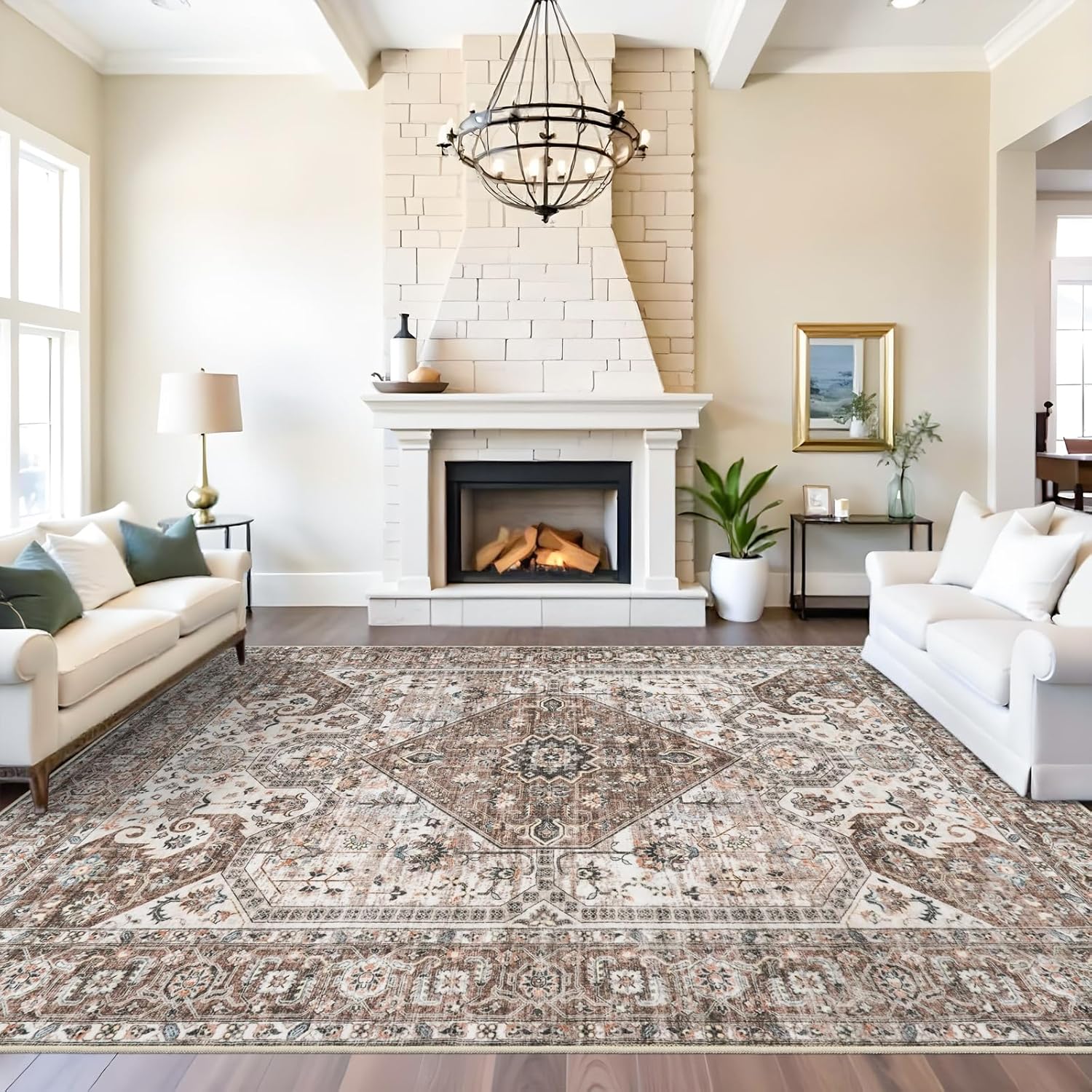 Washable 9x12 Large Area Rug with Vintage Non-Slip Backing