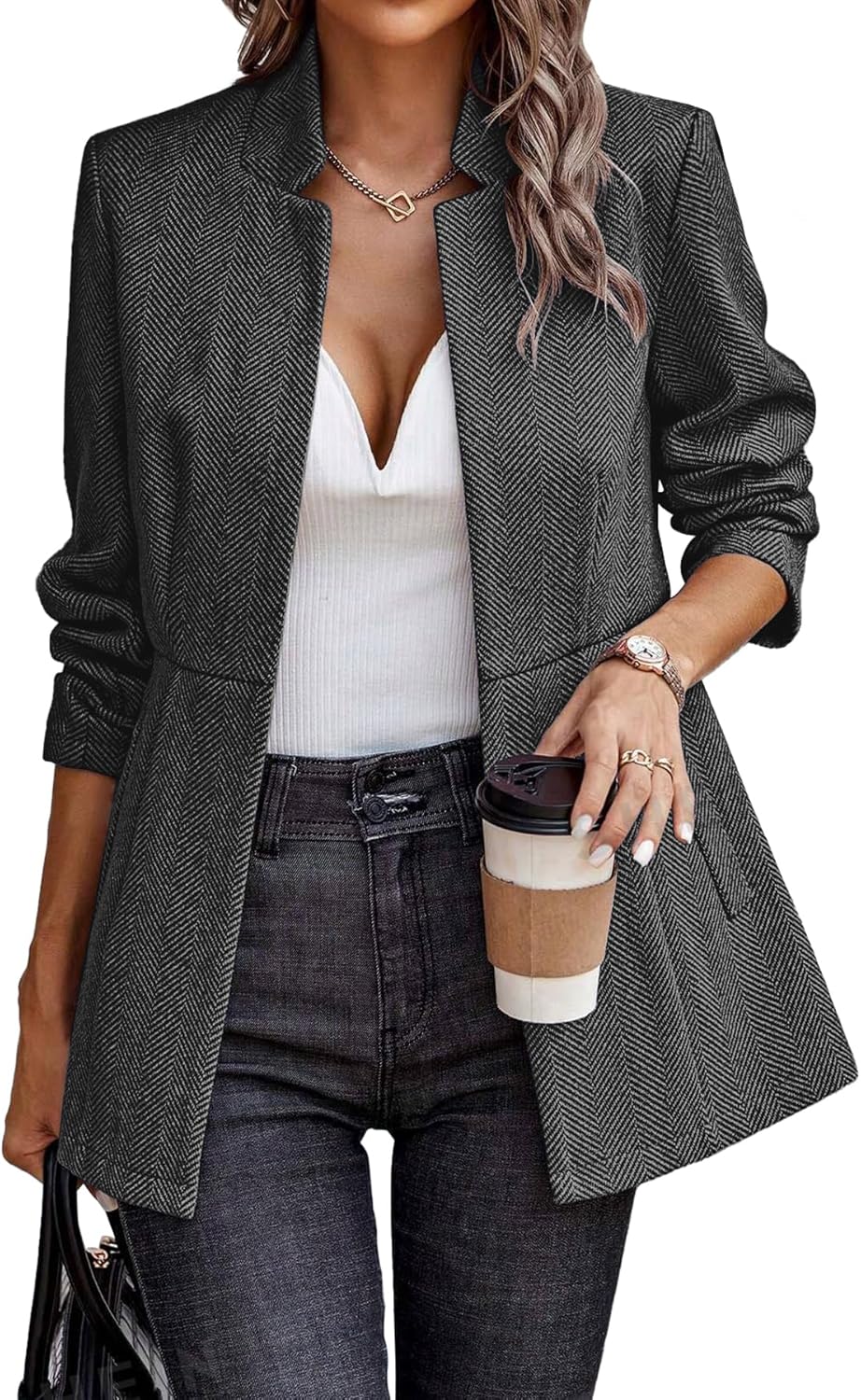 ELLEVEN Womens Open Front Herringbone Blazer for Work Style