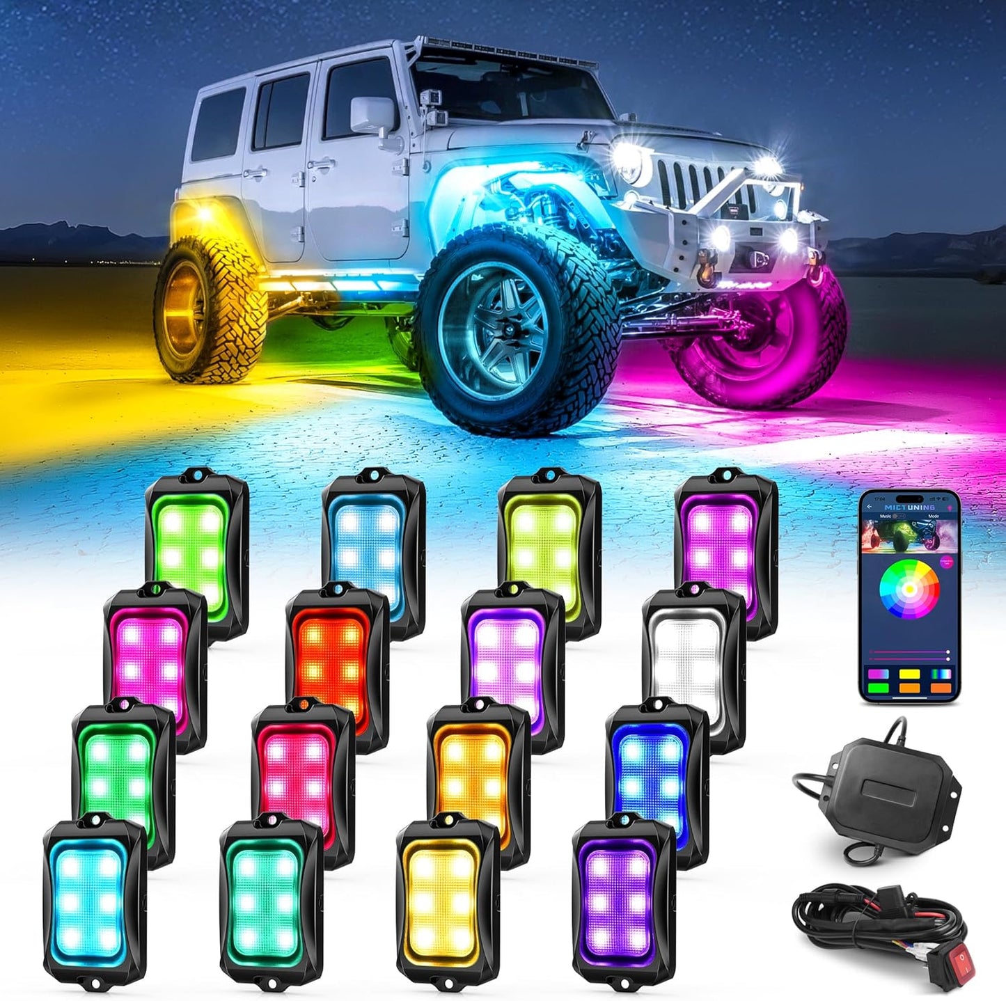 MICTUNING RGB+IC Chasing Color Rock Lights for Trucks and UTVs