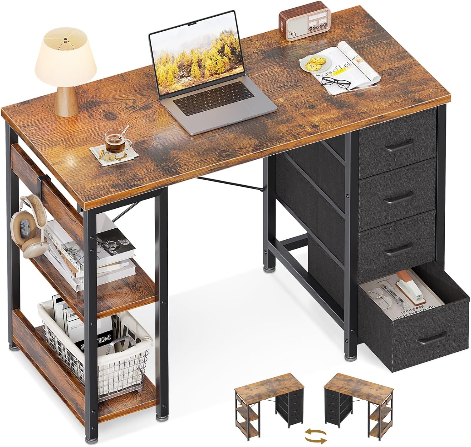 ODK 40 Inch Small Computer Desk with 4 Fabric Drawers for Home