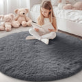Grey Round Rugs for Bedroom - Machine Washable 5 ft Soft Shaggy Rug
