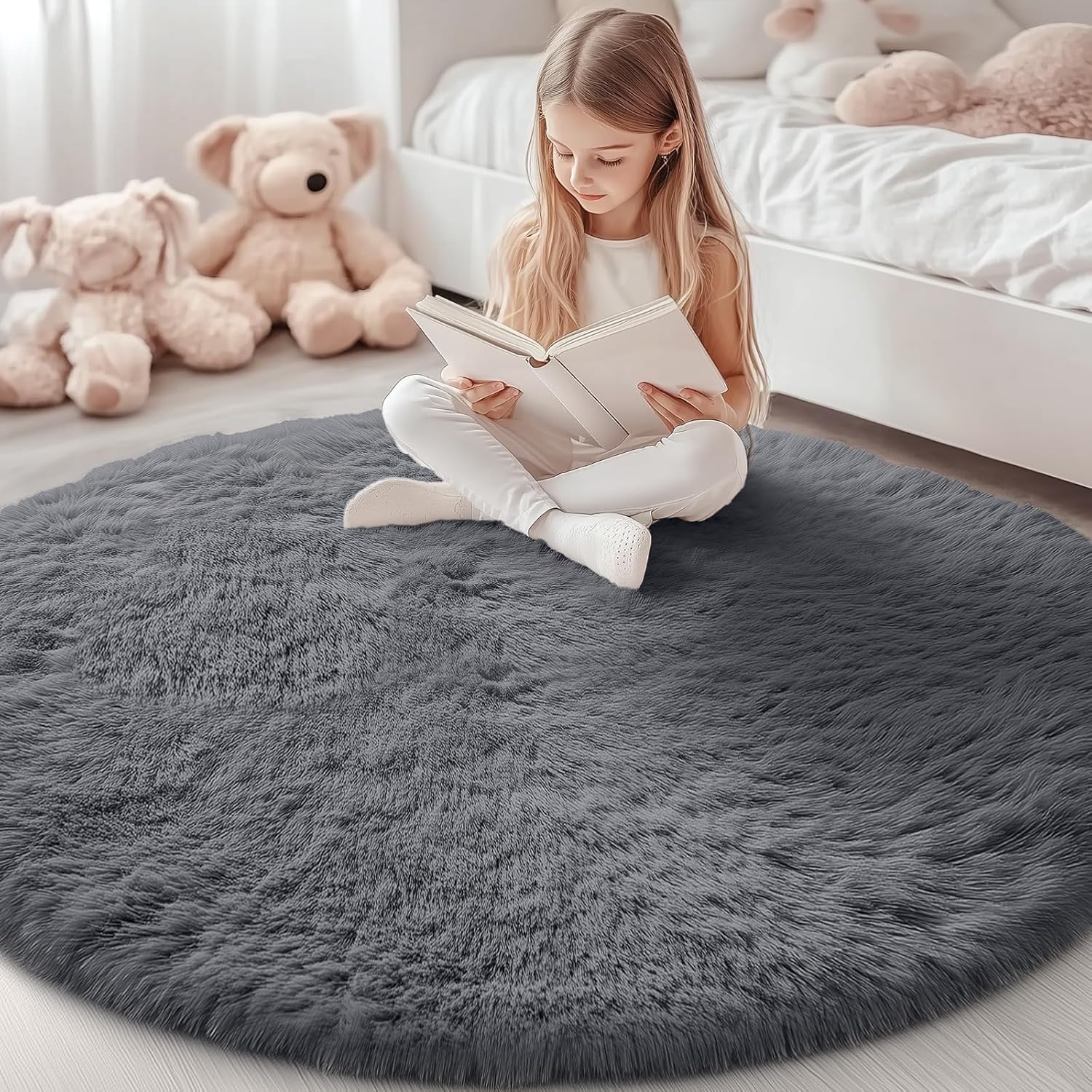OLANLY Grey Round Rugs for Bedroom - Soft Fluffy Area Rugs
