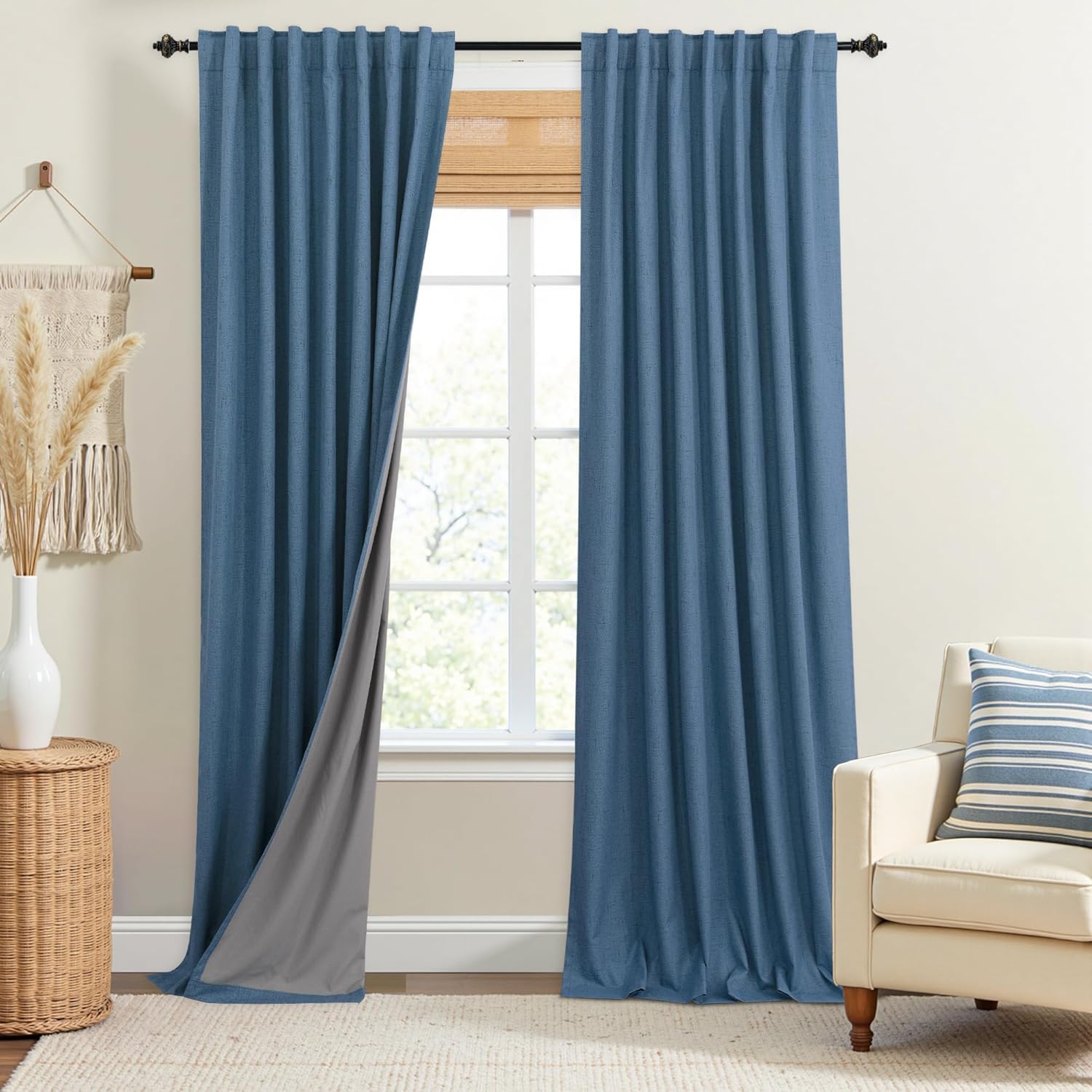KOUFALL Denim Blue Curtains for Living Room and Bedroom 90 in